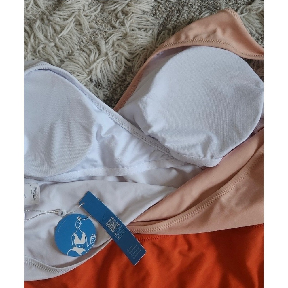NWT Cupshe Colorblock Wrap Tie One Piece Swimsuit in Orange Peach White Medium - Picture 5 of 7